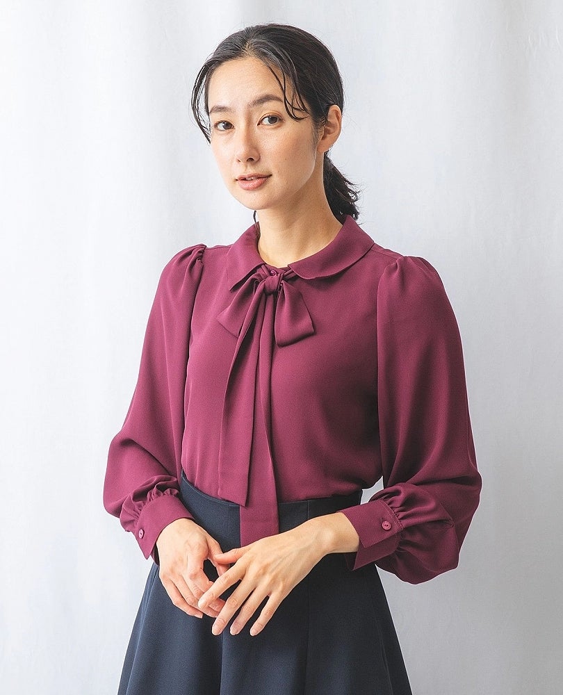 NARACAMICIE】無地ジョーゼットボウタイ付ブラウス(1(M)9号