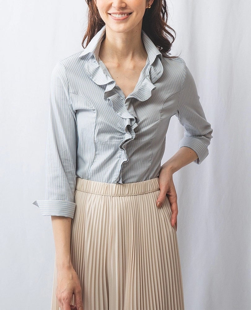 新品タグ付き】ZARA フリル付きストライプ柄ポプリンシャツ
