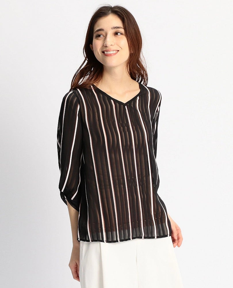 ミリー(Milly)黒×白柄シフォン七分袖ブラウス 4 ブラウス レディース 7分袖 Vネック Tシャツ シフォン 花柄