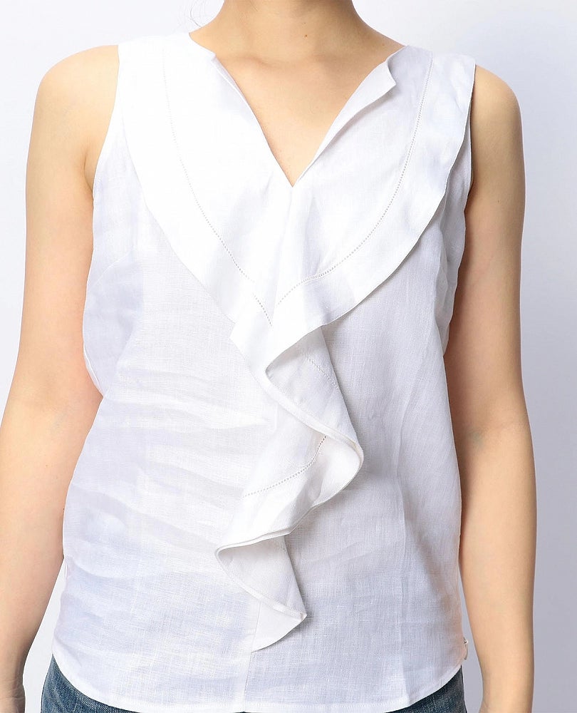 フロントフリルリネンノースリーブブラウス – Stylora store eco