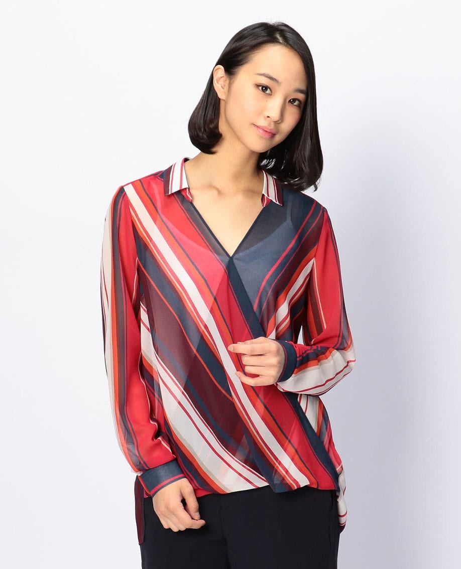 ランダムシフォンストライプカシュクール風長袖シャツ