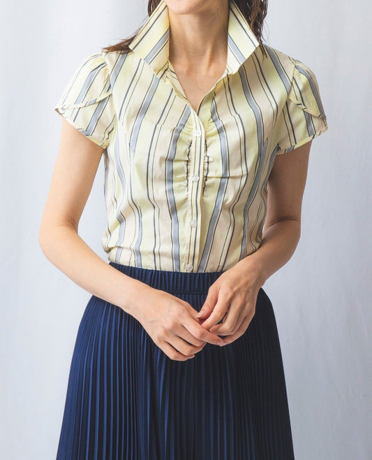 ランダムストライプスタンドフロントギャザー半袖シャツ
