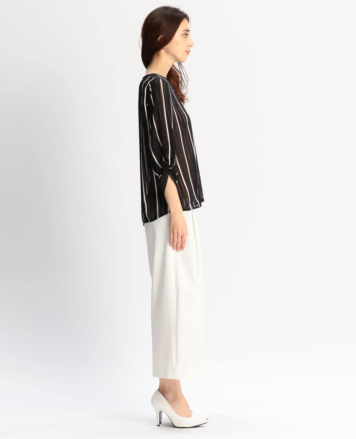 シフォンストライプ袖コンシャス七分袖ブラウス