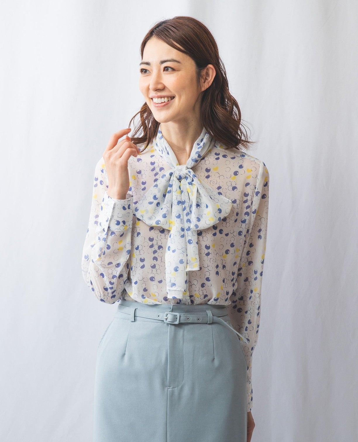 バブルドットシフォンスタンドボウタイブラウス
